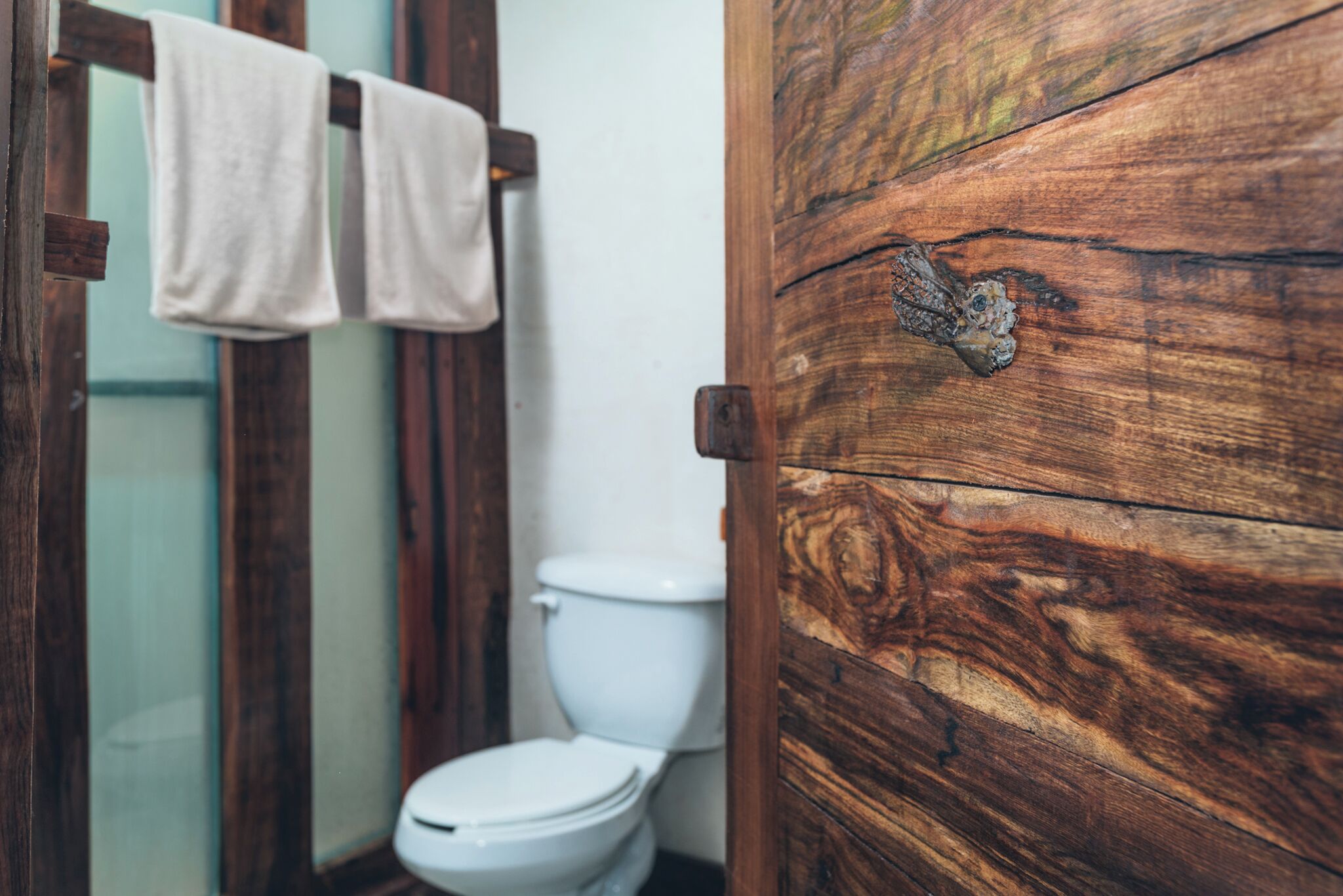 A wooden door with a rustic design, a white toilet, and two towels hanging on a wooden rack.