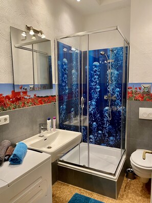 Shower, hair dryer, towels, soap