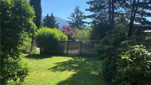 Un jardín con una valla de madera, abundante vegetación y una montaña al fondo.