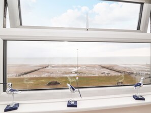 Ventana con vista a una playa y un muelle. Hay tres figuritas de pájaros en el alféizar.