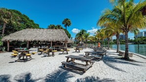 A beachside area with thatched-roof structures, picnic tables, and palm trees. - Longboat Key Cedars Beach House (Longboat Key)