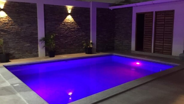 Una piscina rettangolare con illuminazione blu interna, circondata da pareti in pietra e piante in vaso.
