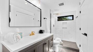 Combined shower/tub, hair dryer, towels, soap