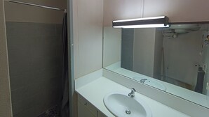 A bathroom with a white sink, a mirror, and a shower.