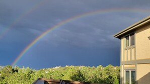 Un bâtiment d’où l’on peut admirer un arc-en-ciel et la verdure environnante.