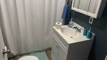 Een kleine badkamer met toilet, wastafel en spiegel.