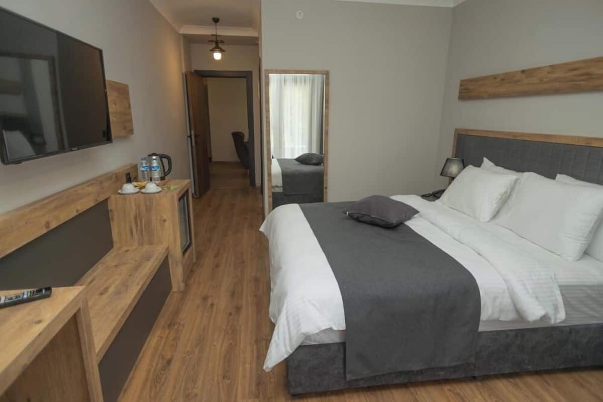 A hotel room with a bed, a TV, a desk, and a mirror.