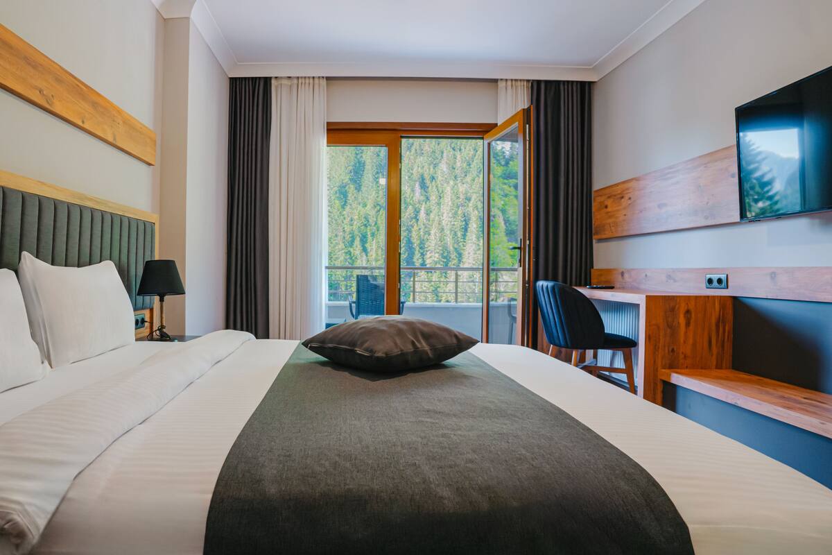 A hotel room with a large bed, a desk, a chair, a TV, and a window with a view of trees.