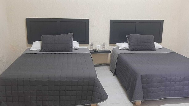 Two single beds with dark bedding, a nightstand with a lamp, and a wall-mounted power outlet between them. - HOTEL HOSTAL CASA DEL ABOGADO (Córdoba)
