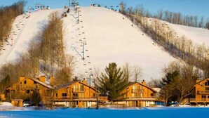 A ski resort with a large snow-covered mountain, ski lifts, and wooden cabins. - Traverse city condo/golfing/beaches/wineries/hiking (Williamsburg)