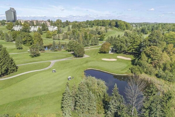 A golf course with a pond, surrounded by trees and buildings. - Traverse city condo/golfing/beaches/wineries/hiking (Williamsburg)