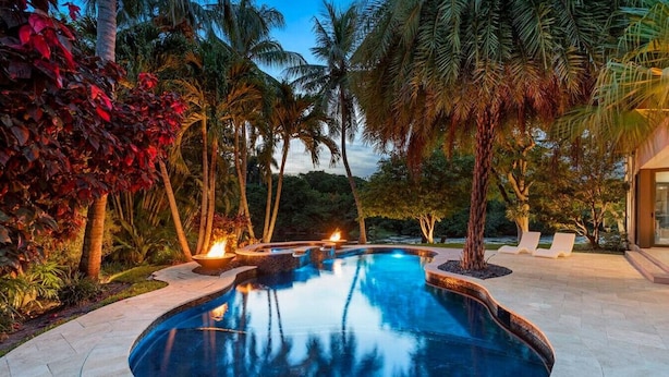 Una piscina de borde curvo, rodeada de palmeras y un jardín bien cuidado.