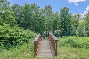 A wooden bridge in a forested area.