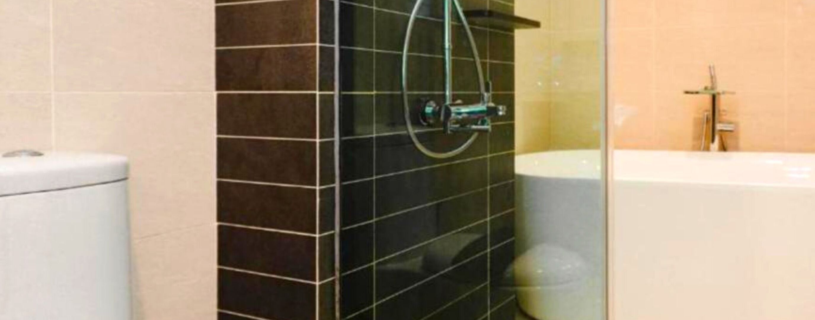 A bathroom with a glass shower enclosure, a toilet, and a bathtub.
