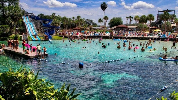 A water park with multiple slides and a large swimming area. - River Beach Retreat: with Tiki Bar, Fire Pit, Hot Tub & Clear Kayak (Spring Hill)