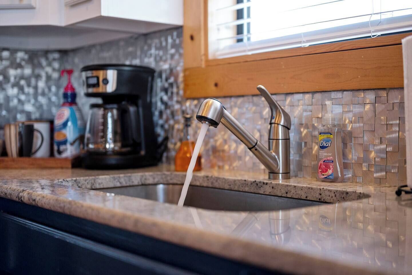 A kitchen with a granite countertop, a coffee maker, a bottle of Dial dish soap, and a window with blinds.