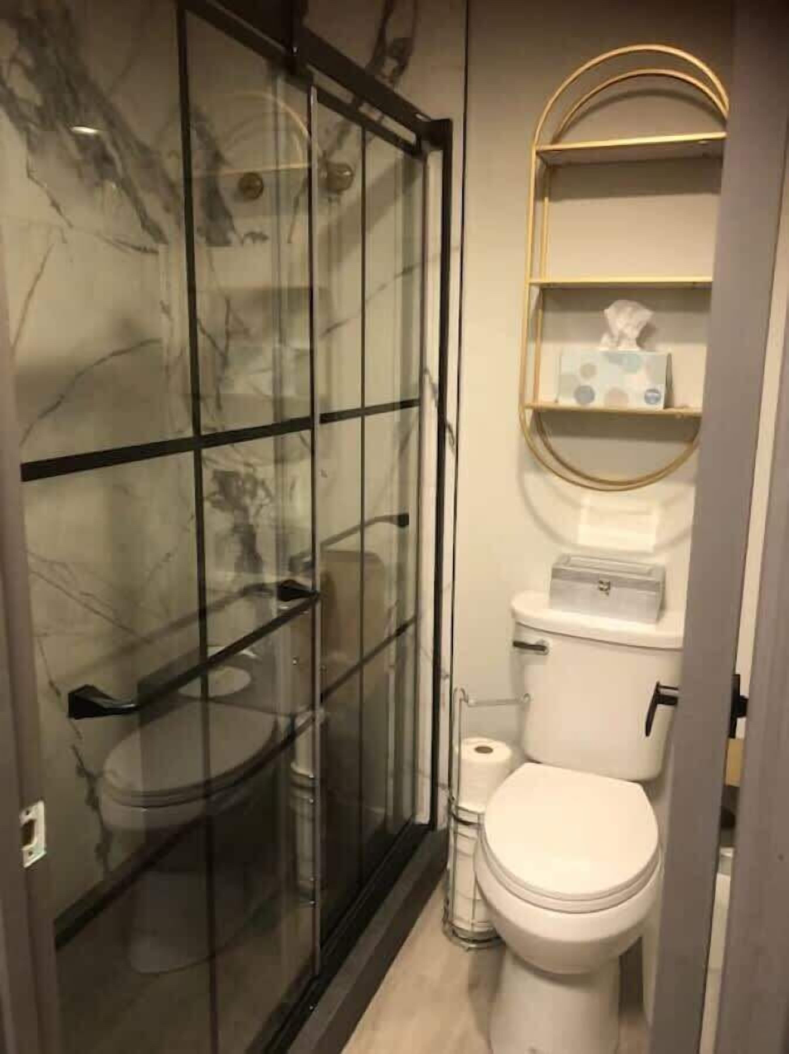 Une salle de bain avec une douche à parois de verre, des toilettes et une étagère contenant des articles de toilette.