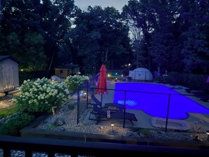 Seasonal outdoor pool, pool umbrellas, sun loungers