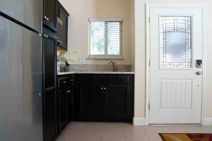 Fridge, microwave, coffee/tea maker, blender