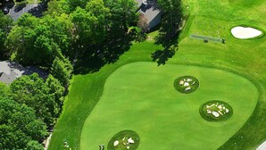 A golf course with a well-maintained green, sand bunkers, and a putting green.