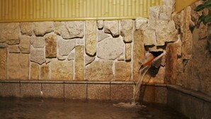A stone wall with a water feature, including a waterfall and a pool.