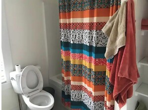 Combined shower/tub, hair dryer, towels, soap