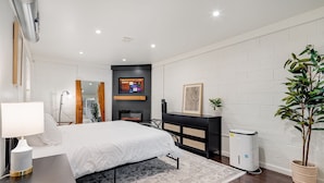 Un dormitorio moderno con cama, mesita de noche, lámpara, televisor, chimenea y una planta en maceta.