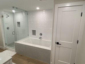 Bathtub, hair dryer, towels, soap