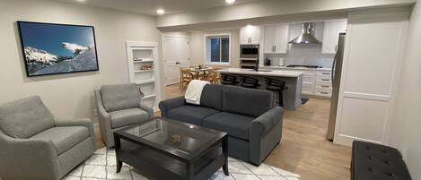 Smart TV, fireplace, books