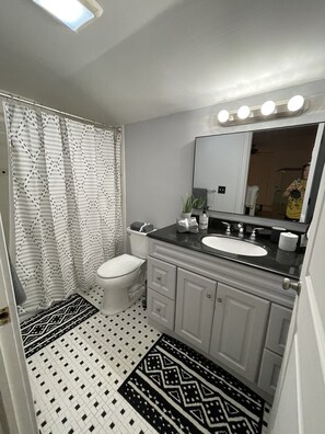 Ensemble baignoire-douche, séchoir à cheveux, serviettes fournies, savon