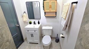 Regadera, secadora de cabello, toallas, jabón 