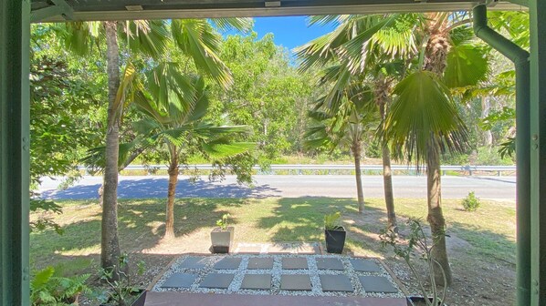 Surrounded by lush greenery, this tranquil outdoor space offers a peaceful retreat.
