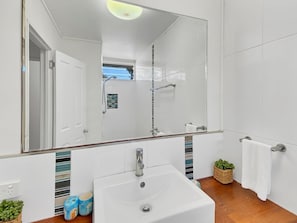 A bathroom with a white sink, a mirror, a towel rack, and a small plant.