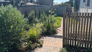 A paved pathway leading to a wooden gate, surrounded by various shrubs and a fence.