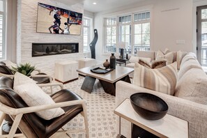 Smart TV, fireplace, stereo, computer monitors