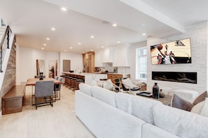 Smart TV, fireplace, stereo, computer monitors