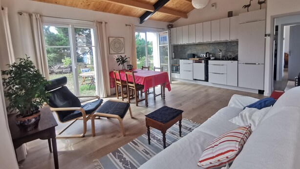 Un saló modern amb un sofà, una taula de dinar i una zona de cuina.