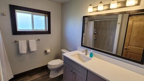 Combined shower/bathtub, hair dryer, towels, soap