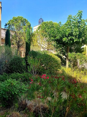 A garden with various plants and trees, a clear sky, and a building with a dome in the background.