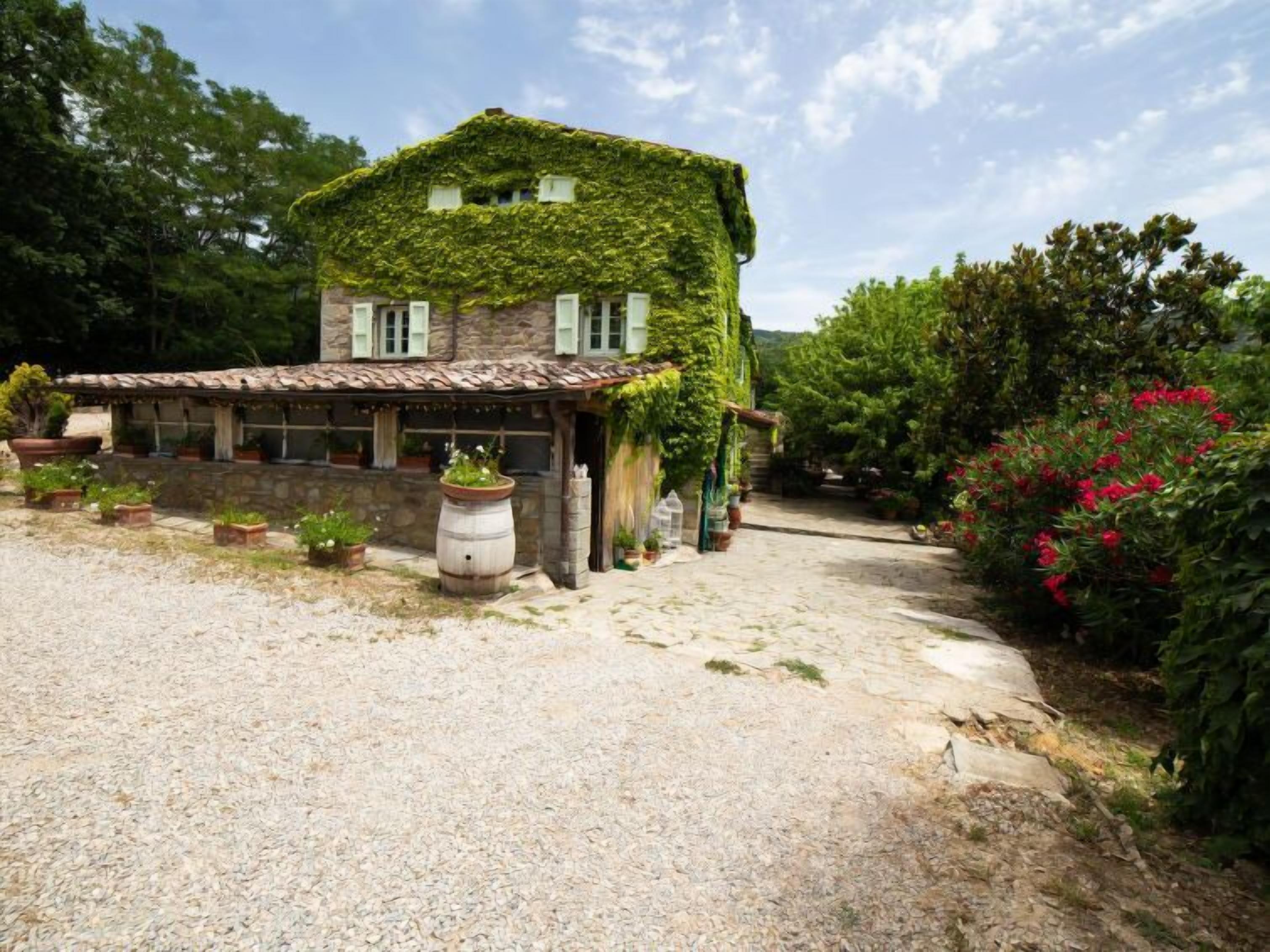 A rustic stone house with a sloped roof covered in ivy, surrounded by a gravel driveway and potted plants.