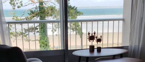 A balcony with a view of the beach and ocean, a sofa, a small table, and a potted plant.