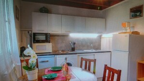 A compact kitchen with a microwave, oven, and sink. There is a dining table with green plates and a potted orchid. - à 650 Metres d Altitude au Cœur de l Alta Rocca Entre Porto Vecchio et Propriano (Levie)
