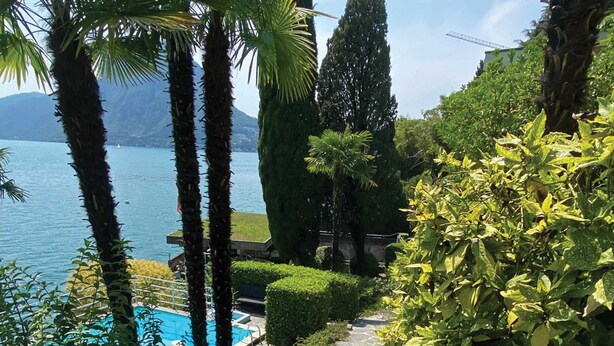 A stone pathway leading to a swimming pool surrounded by lush greenery and tall trees. - Lugano Blue Marine On Lake Shore (Lugano)
