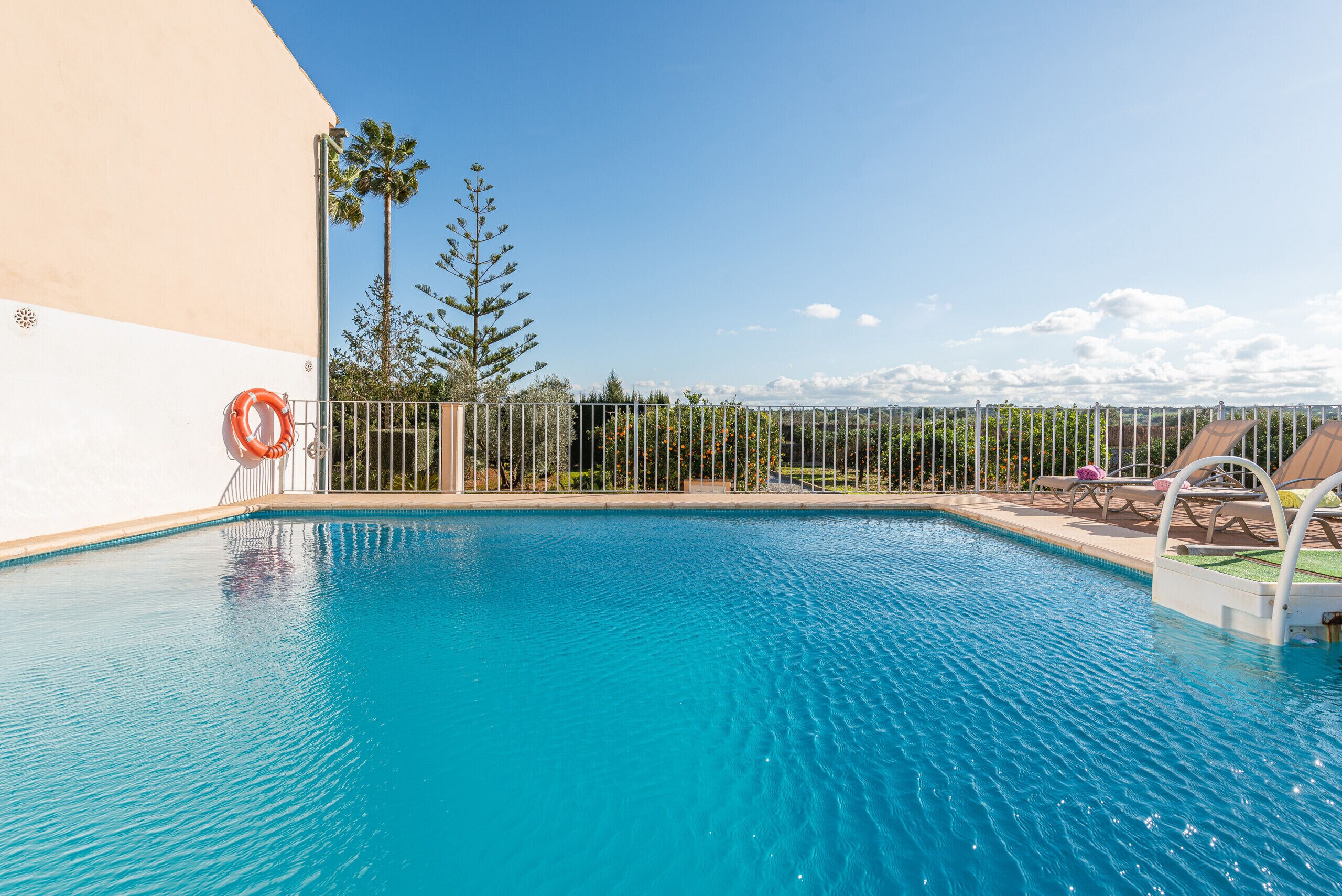 A swimming pool with a lifebuoy, lounge chairs, and a view of palm trees and mountains.
