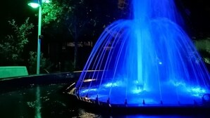 A fountain with water jets illuminated by blue lights, surrounded by a dark environment with a single green street lamp in the background. - FM GUEST LODGE (Randburg)