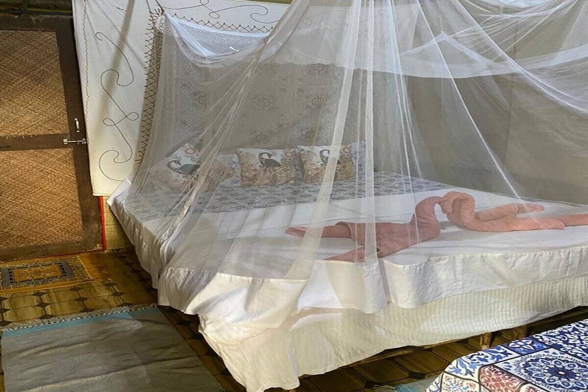 A bed with a white canopy, a patterned rug, and a wooden floor.