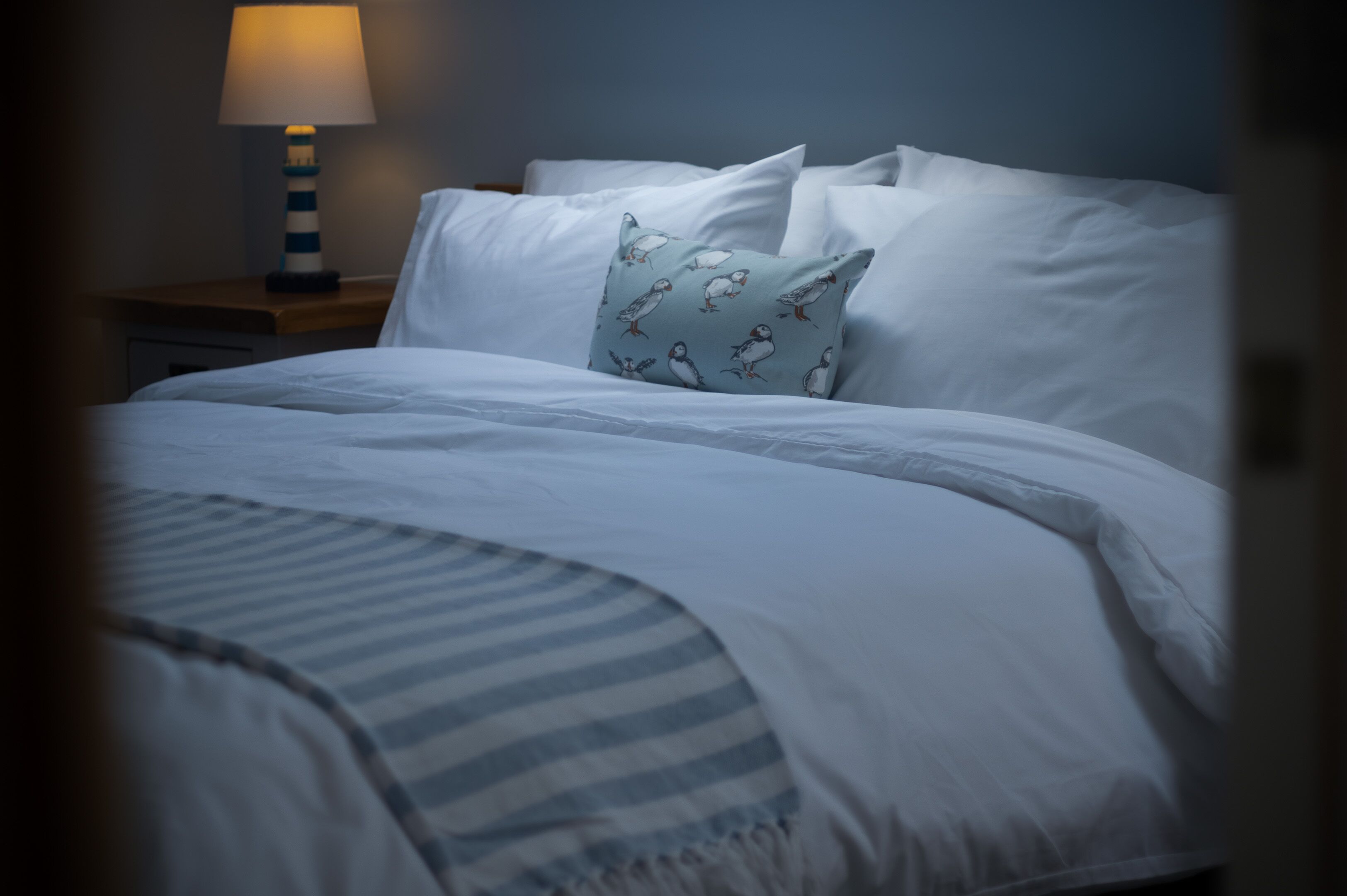 Een net opgemaakt bed met witte lakens en een gestreept dekbed, een kussen met een vogelprint, en een bedlampje op een houten nachtkastje.