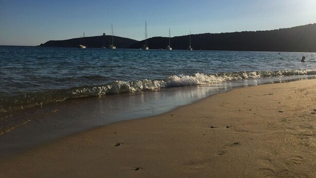 Ein Strand mit ruhigem Wasser, Booten und einer hügeligen Landschaft im Hintergrund.