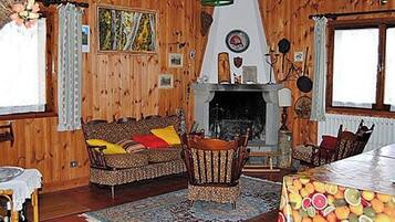 Televisión, chimenea, reproductor de DVD y estéreo