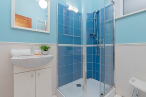 Shower, hair dryer, towels